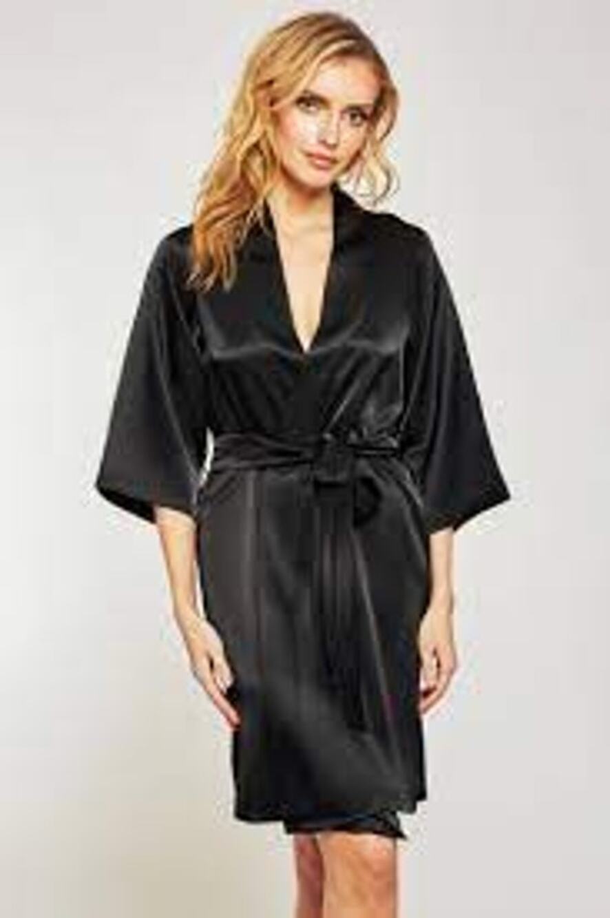 ICollection Womens Satin Robe Small Black 3/4 Sleeve Tie Waist Lightweight NWT
